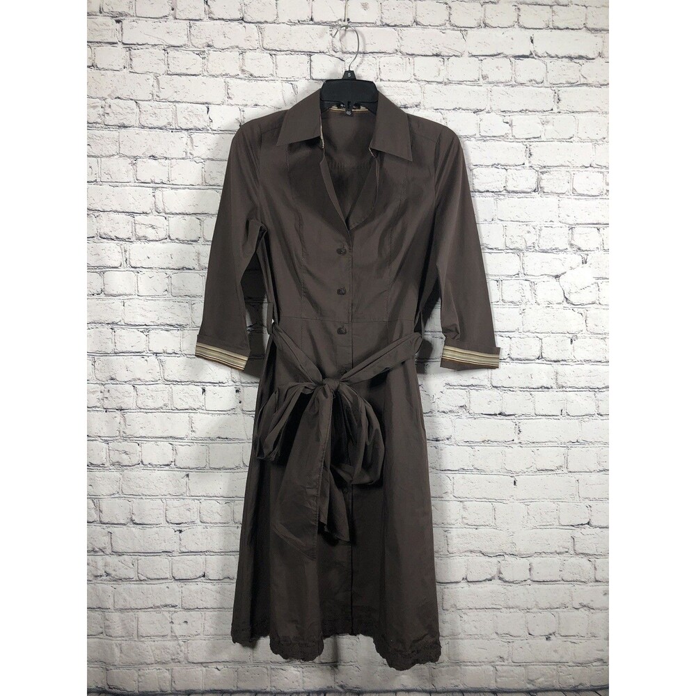 Le Chateau Women’s Brown 3/4 Sleeve Button Front Embroidered Hem Belted Dress  S